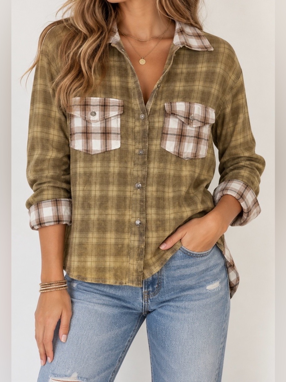 POL Olive and Brown Plaid Oversized Button-Up Shirt - Size S